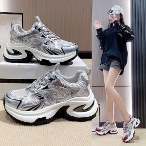 厚底增高銀色老爹鞋女款2025新款春夏季爆款小個子休閒運動女鞋子