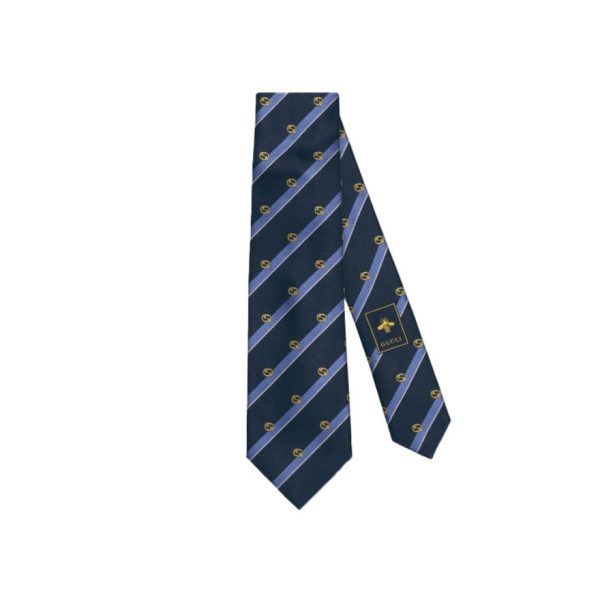 Gucci/古馳互扣式雙G條紋真絲領帶660058 4E002 深藍/淺藍