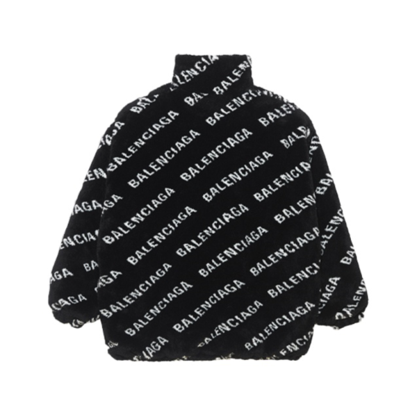 Balenciaga/巴黎世家Logo提花仿皮草蓬鬆拉鍊褶皺收腰外套外套女款黑色：圖片 2