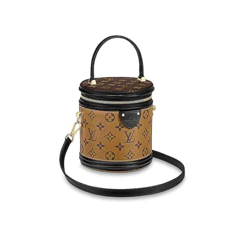 Louis Vuitton Cannes 小號老花拼色翻蓋發財桶單肩斜挎圓桶包M43986 棕色M43986