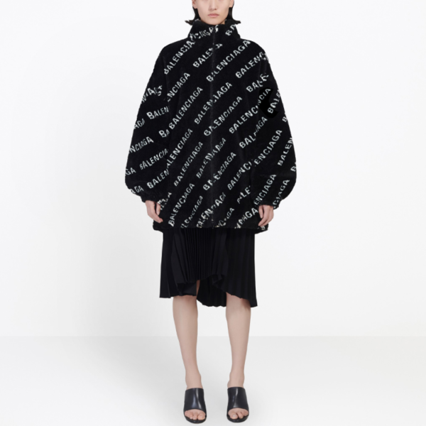 Balenciaga/巴黎世家Logo提花仿皮草蓬鬆拉鍊褶皺收腰外套外套女款黑色：圖片 3