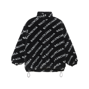 Balenciaga/巴黎世家Logo提花仿皮草蓬鬆拉鍊褶皺收腰外套外套女款黑色